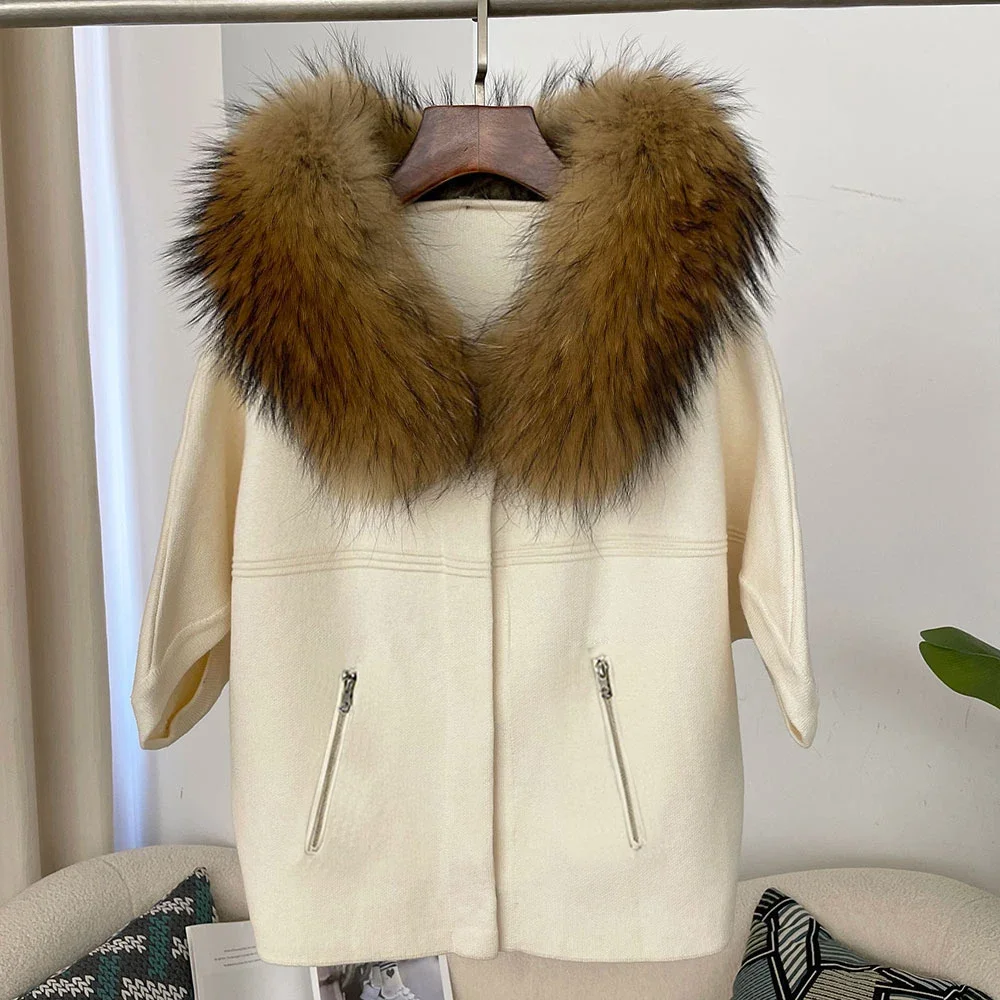 OFTBUY Herbst-Oberbekleidung für Damen, Kurze Batwing-Strickjacke mit Echtfuchs-Pelzkragen und -Manschetten, Kurzer Strickmantel für Damen – Detail 28
