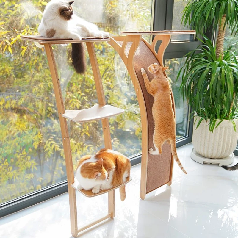 Wood Cats Climbing Frame Observation Deck Suction Cup Large Cat Nest Tree Scratchers Toys Multi-layer Board Pet Product Supplies