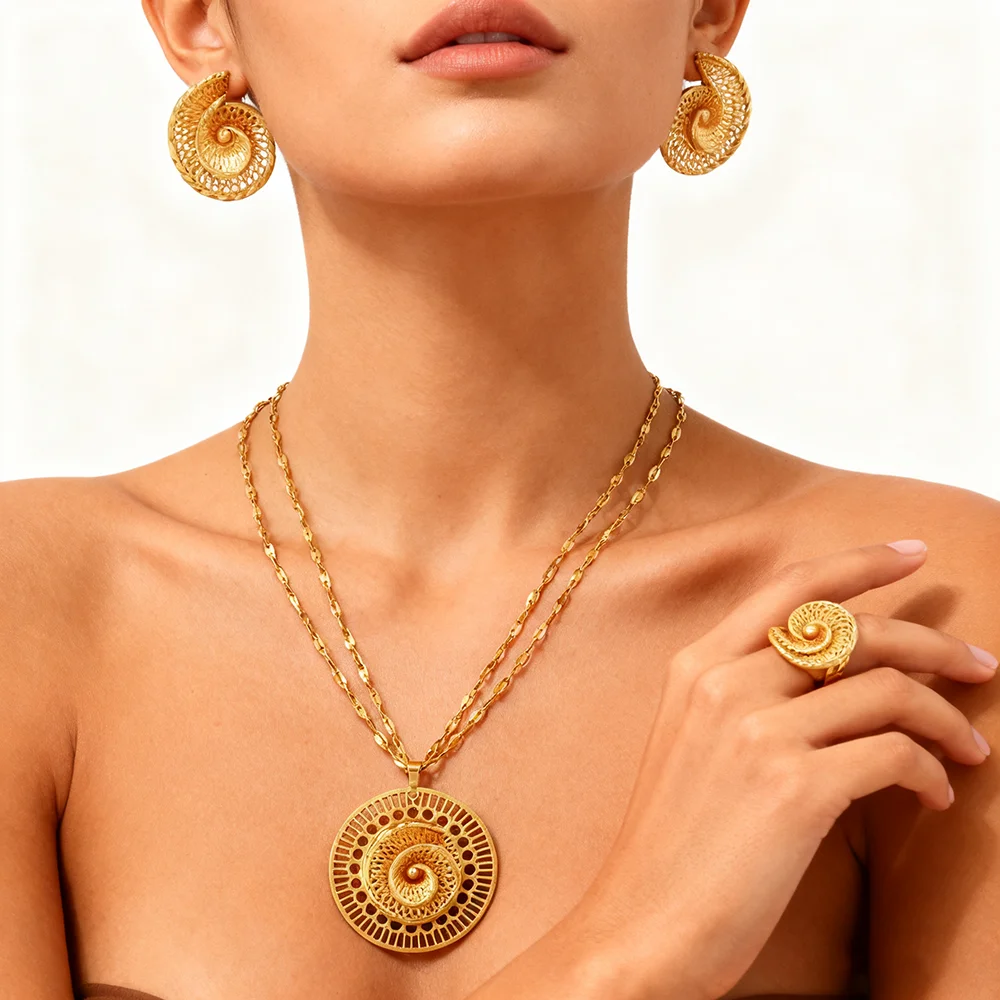 Vergoldetes Edelstahl-Halsketten- und Ohrring-Set für Damen, Modischer Persönlichkeits-Schmuck, Einfache Halsketten und Ohrringe als Geschenk – Detail 6