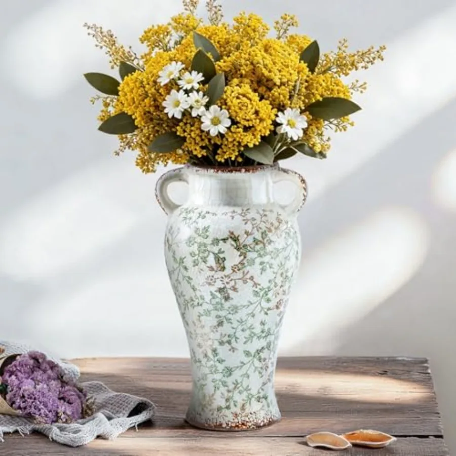

12.6" Farmhouse Ceramic Vase with Double Handles, Chinoiserie Green Beige Floral Vase, Large Vintage Rustic Vase for Home Decor