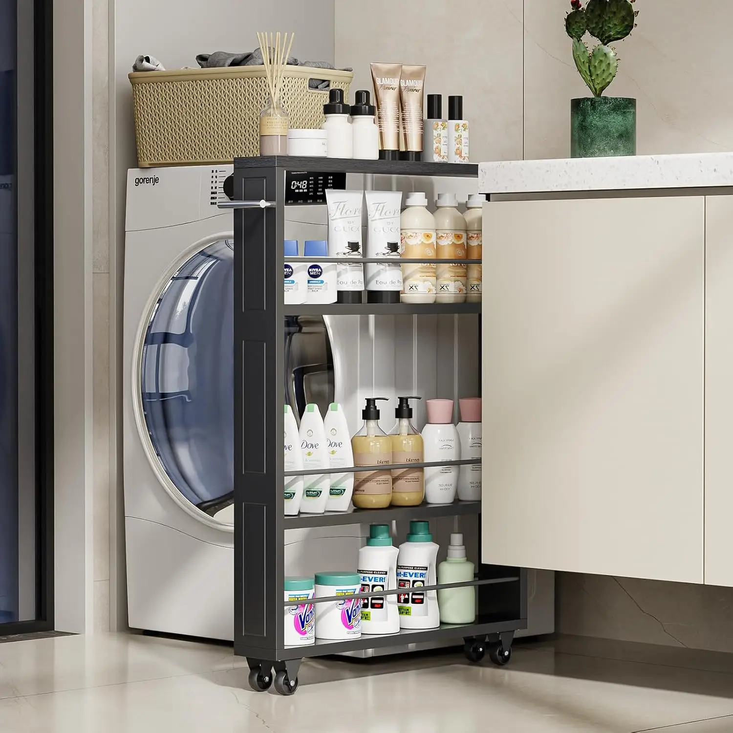 

4-Tier Rolling Storage Cart with Wheels, Slim Utility Cart for Kitchen Bathroom Laundry Office Organizer