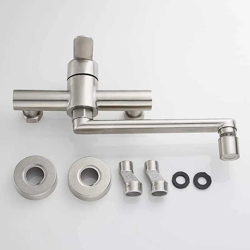 

Kitchen Sink Faucet Stainless Steel Hot And Cold Mixing Faucet Wall Mounted Double Hole Tap Vegetable Basin Faucet