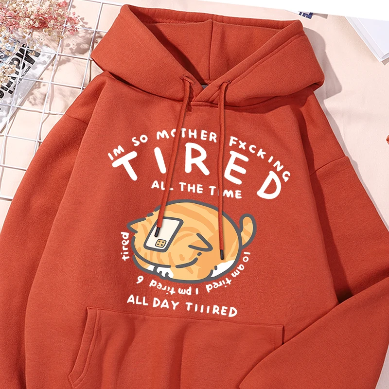 

Tired All The Time Cat Print Hoodies For Women Simple Oversize Hooded Fleece Warm Hoodie Autumn Casual Round Neck Versatile Tops