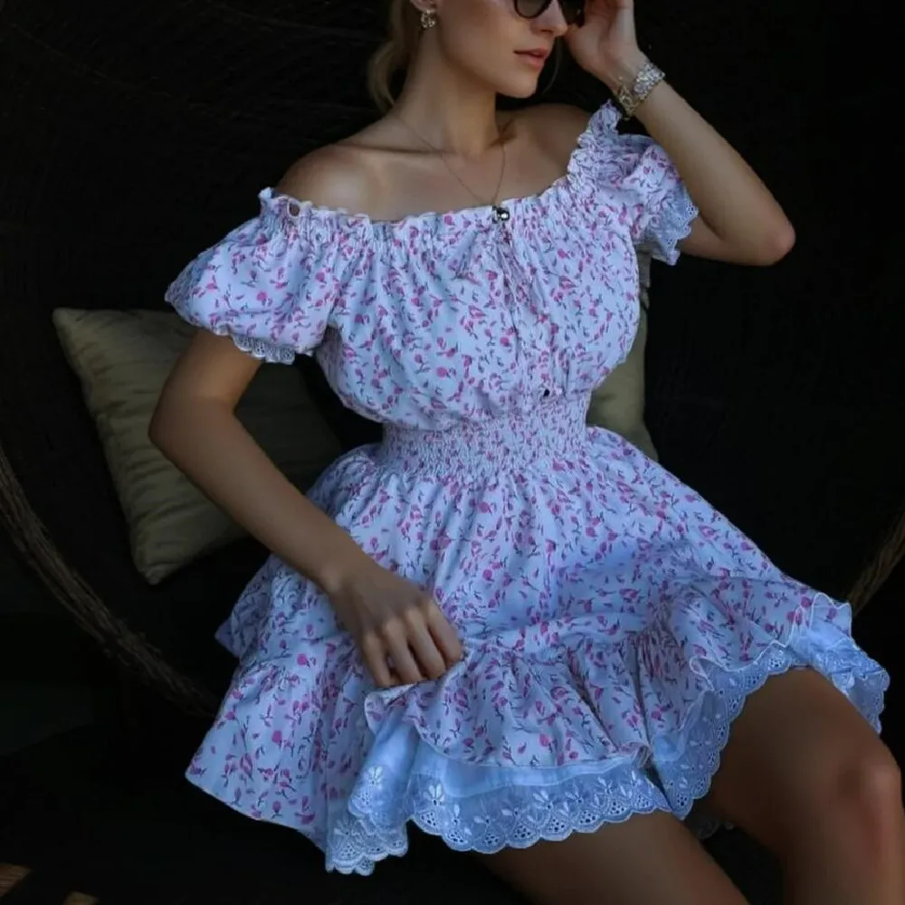 2024 Princess Flower Print Spliced Lace Corset Style Mini Dress Women Short Puff Sleeve Slim Waist Ruffle Hem Cake Party Robe