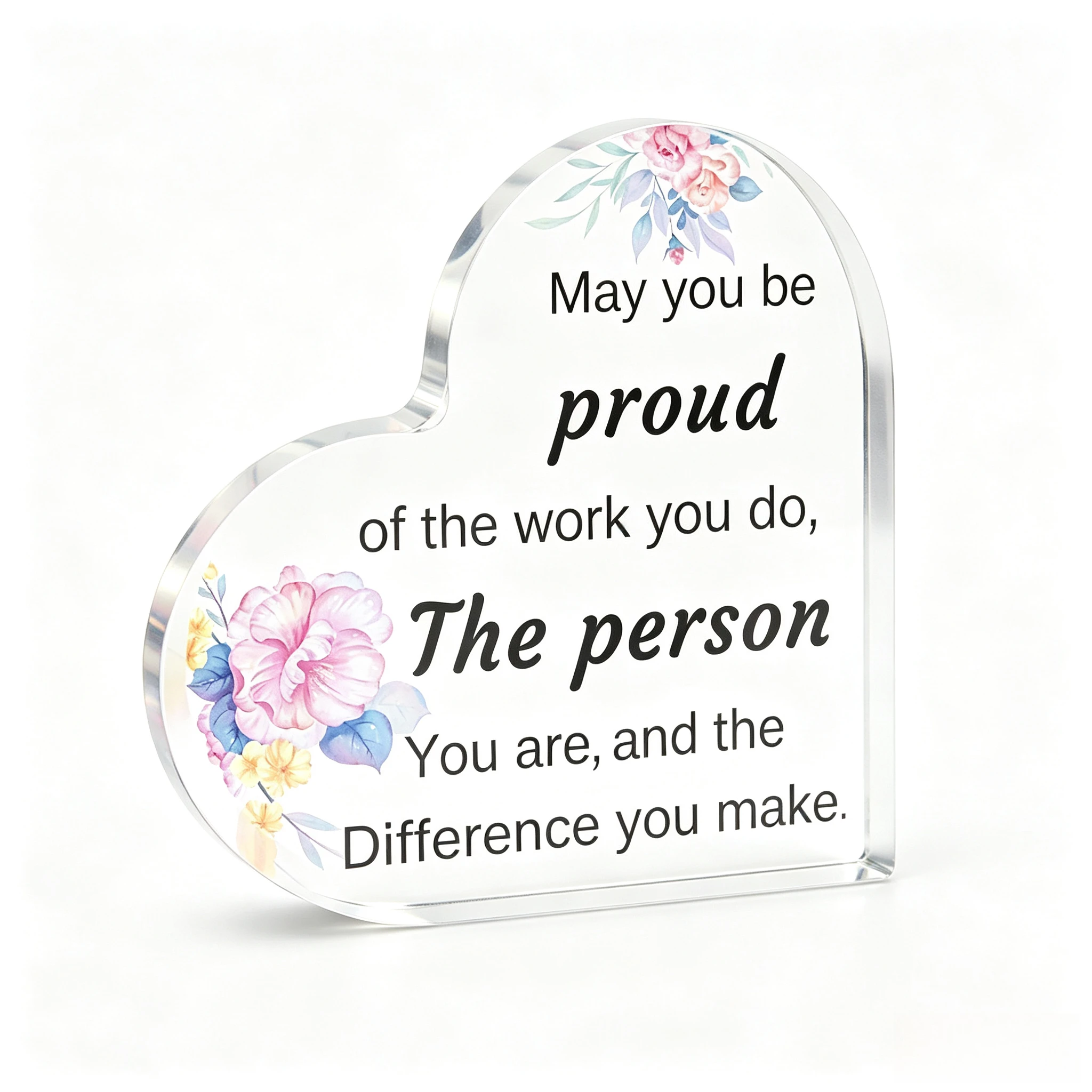 Encouraging Affirmation Heart Acrylic Stand, Pink Peony Flower Motivational Table Ornament