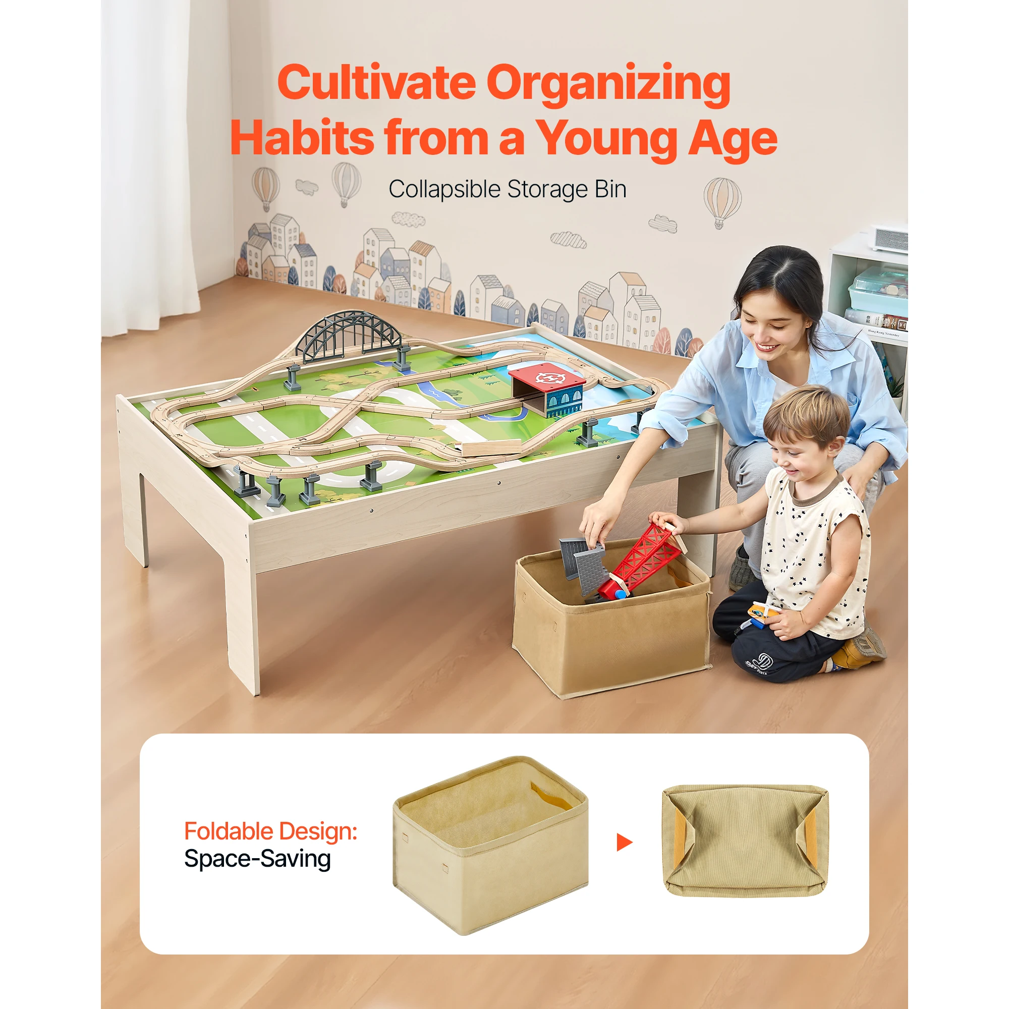 SucceBuy Table de Train en bois 3 en 1, 120 pièces, accessoires multicolores, Table d'activité pour enfants, ensemble de jouets pour enfants, jeu, dessin, lecture