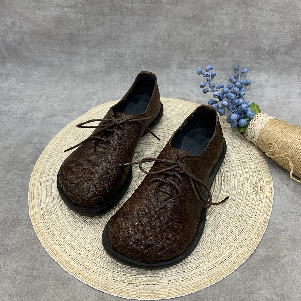 Birkuir Weave Flats Shoes For Women Genuine Leather Lace Up Big Head Low Heel Shoes Leisure Woven Handmade Shoes 2024 Flat Heels