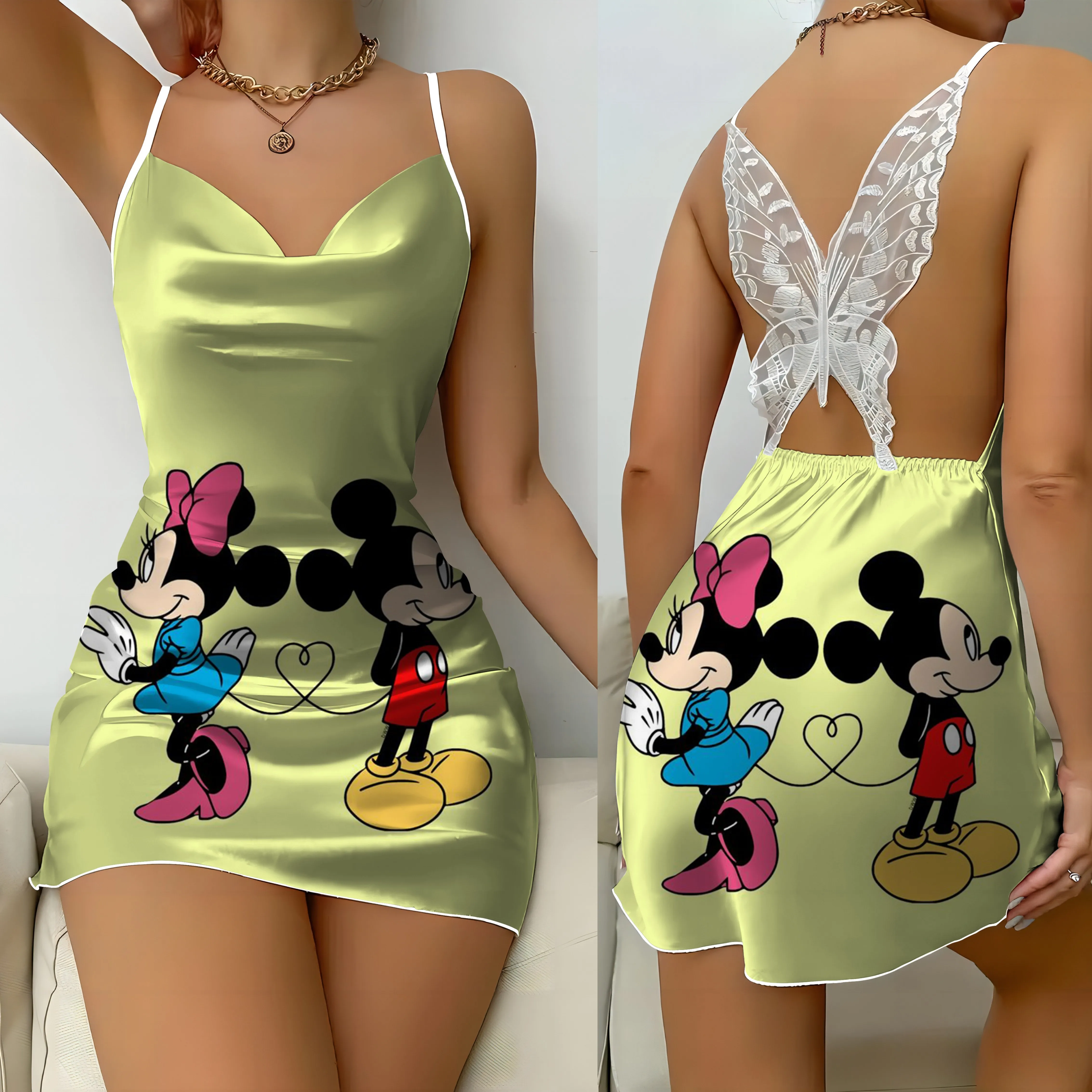 Satin Oberfläche Mode Sommerkleider Bogen Knoten Pyjama Rock Disney Mini kleid Mickey Minnie Maus Frauen Party sexy Spitze