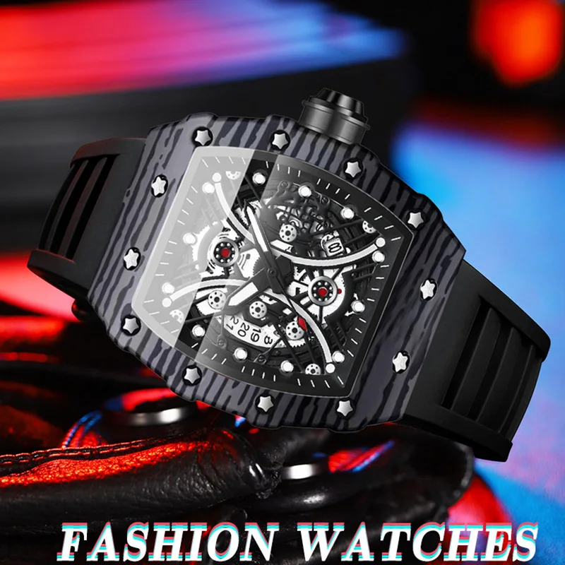 Men Sport Watches 2023 New Tonneau Black Skeleton Quartz Wristwatch Luxury fFashion Brand Luminous Waterproof Clock Gift For Man