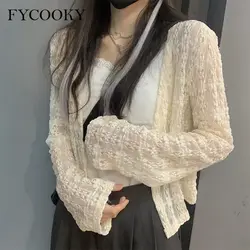 Summer Thin Cardigan Women V-neck Floral Hollow Out Lace Sweet Female Tops Long-sleeve Casual Cardigans Sunscreen Clothing Woman