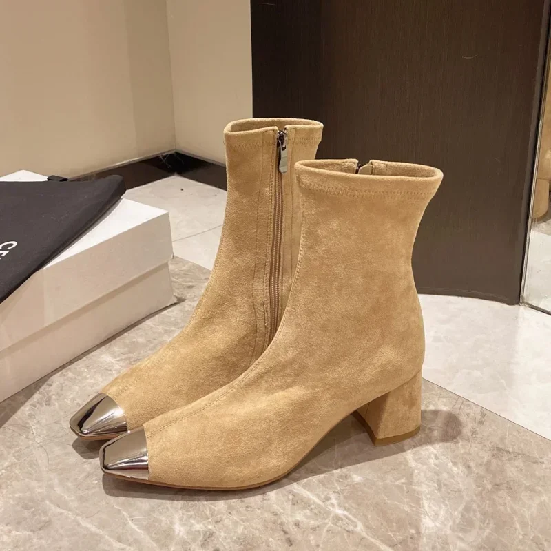 Women's Thick Heels Short Boots Fashion Solid Color Ankle Boots for Women Autumn Side Zipper High Heeled Skinny Botas De Mujer