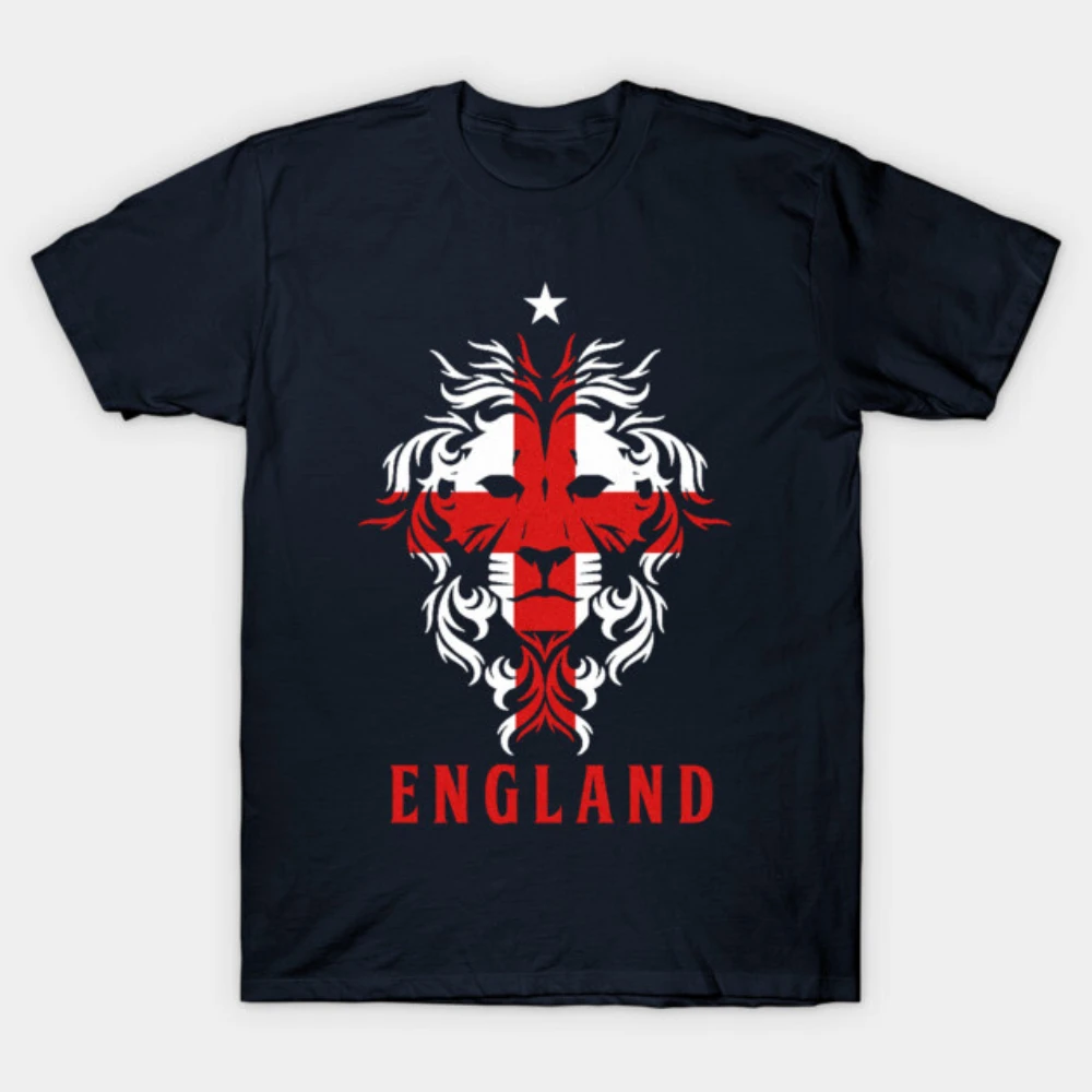 Men's Women's Cotton England Lion Flag T-Shirt, St George Cross Lion Head Graphic Tee For National Football Team And Patriotic F