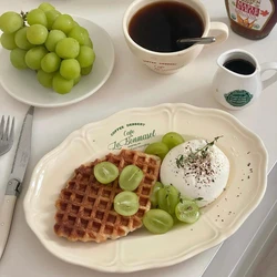 Creative 8 Inch Retro French Simple Letter Beige Oval Ceramic Western Food Fruit Plate Cake Breakfast Plate Plate Sets