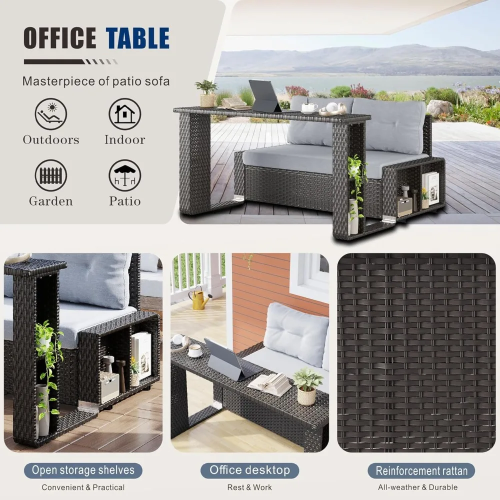 Sofá de vime para pátio com mesa longa dobrável, estrutura de aço para móveis de vime para exterior com assento profundo e encosto alto e almofada cinza