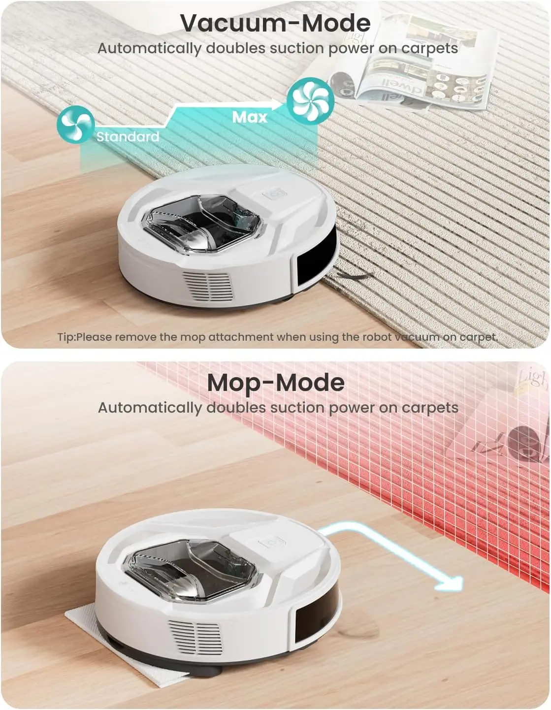 Robot Vacuum Cleaner with Mop, 6000Pa Powerful Suction, 210 Mins Runtime, Super Slim, Visible Dustbin, Carpet Detect