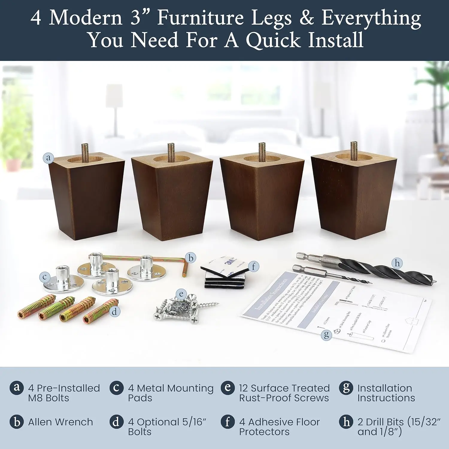 Walnut Brown Square Furniture Legs Set of 4 - Pick Your Size