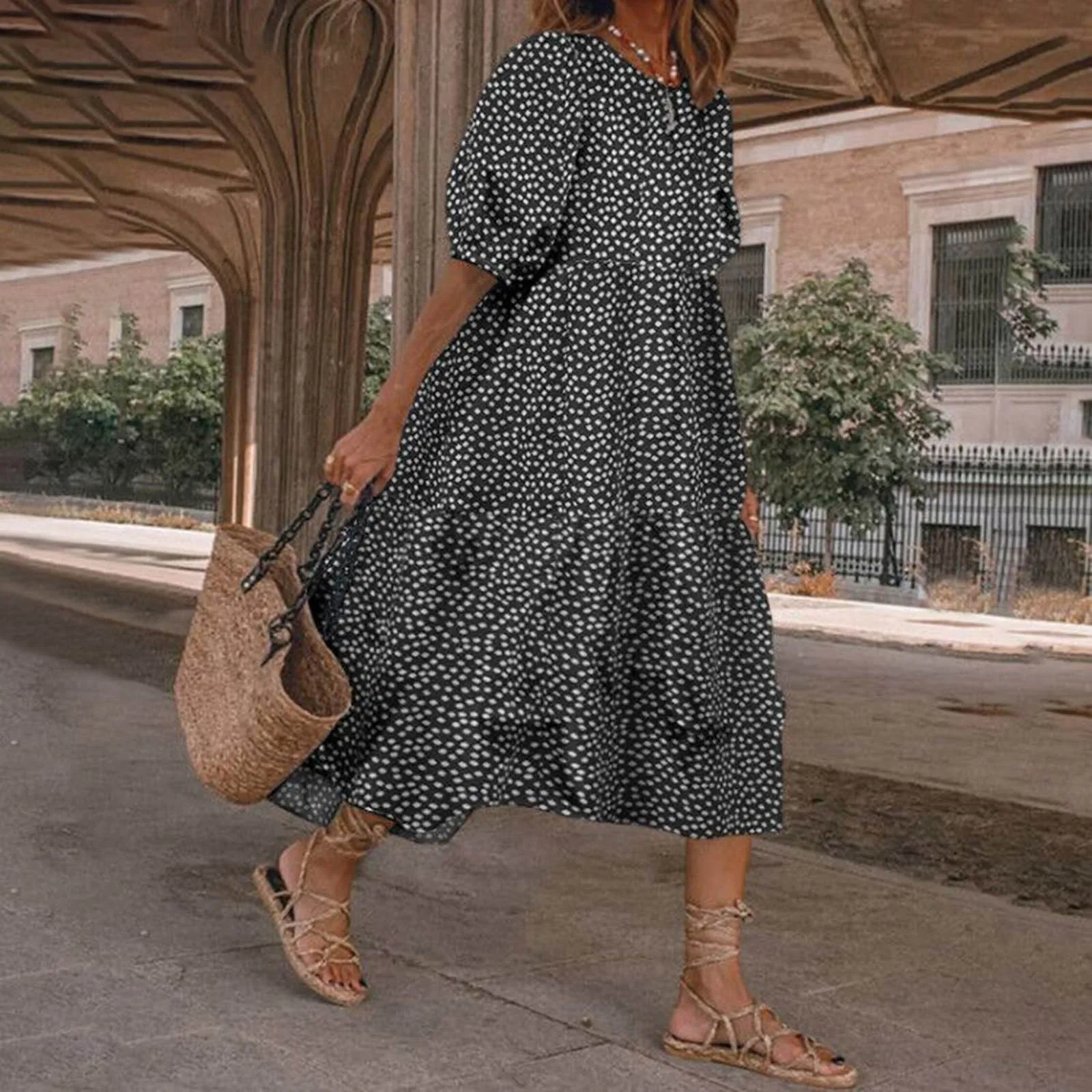 

Summer Casual Dot Print Long Dress For 2024 Women O-Neck Casual Puff Short Sleeve Maxi Dress Female Loose Fit Dresses Vestidos