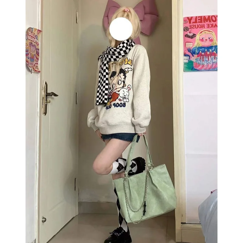 White Grey Crew Baggy Sweatshirt Women Fleece Thicken Fashion Cartoon Characters Printing Street Wind Long Sleeves Pullover Top