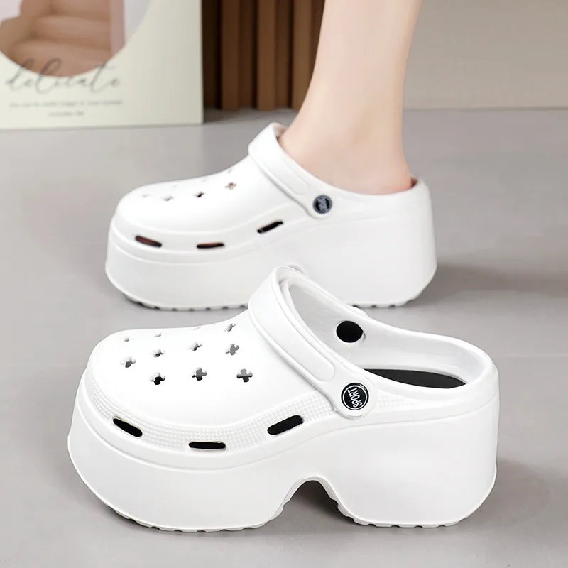 2024 Women's Hole Shoes 9CM Thick Soles Elevated Height Shoes Comfortable Non Slip Beach Garden Shoes Sandals Summer Slippers