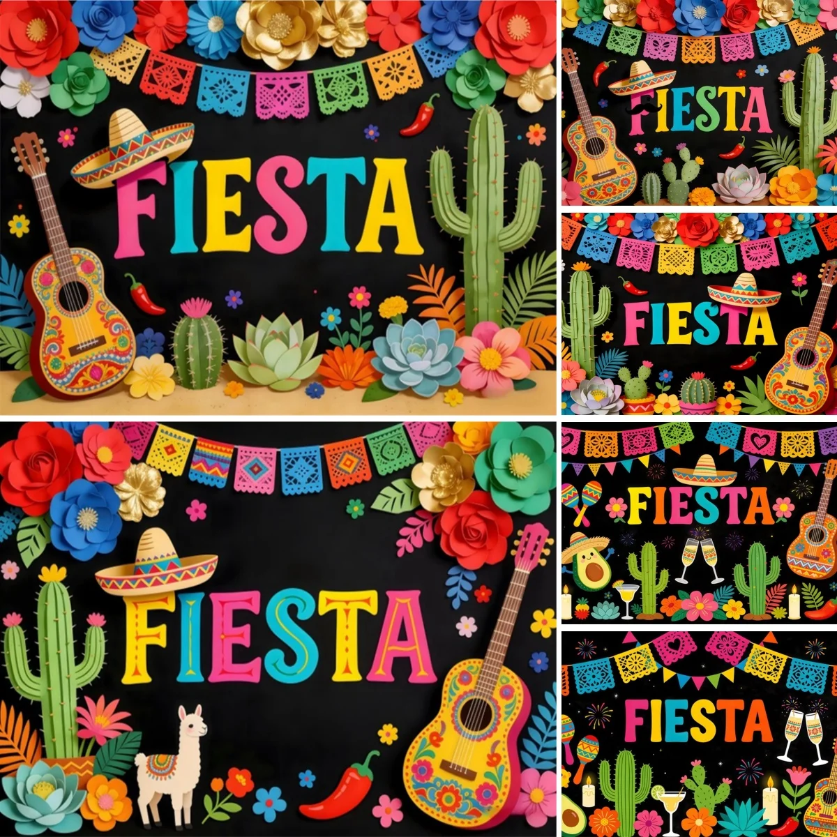 Mexico Fiesta Photography Backdrop Cactus Straw Hat Guitar May 5th Cinco DeMayo Adult Carnival Festival Party Photo Background