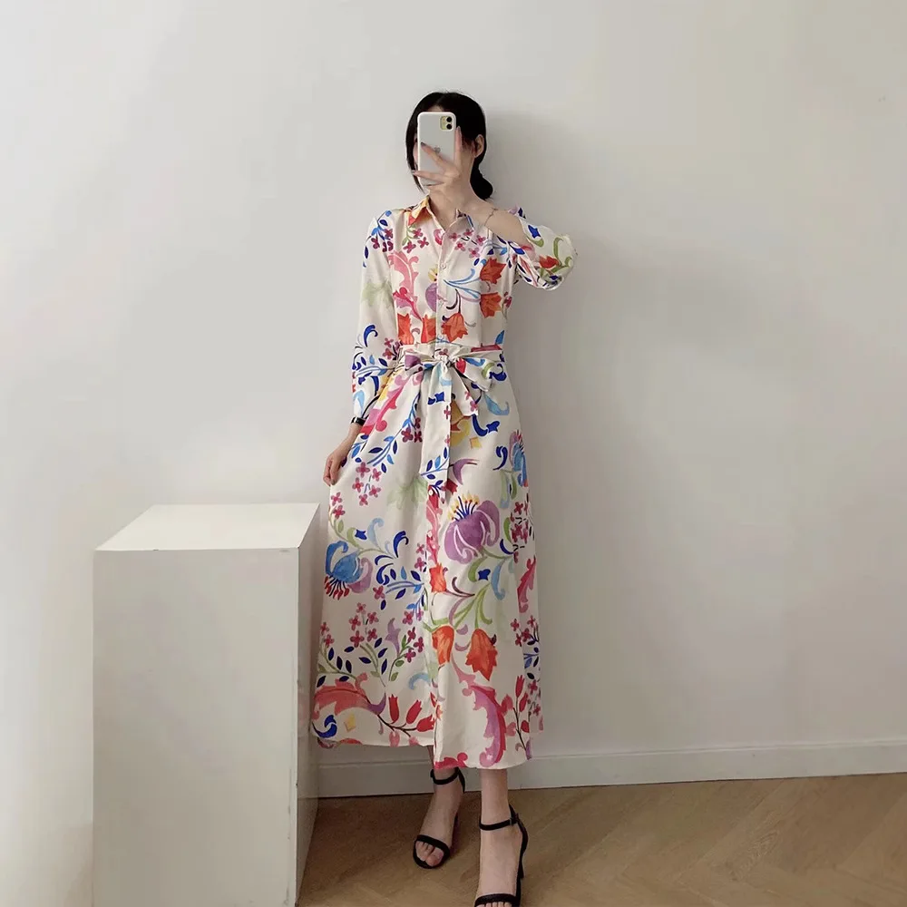 

2025 Dress Women Female Clothing Fashion Elegant Evening Party New Fashion Women's Lapel Long Sleeve With Belt Printed Dresses