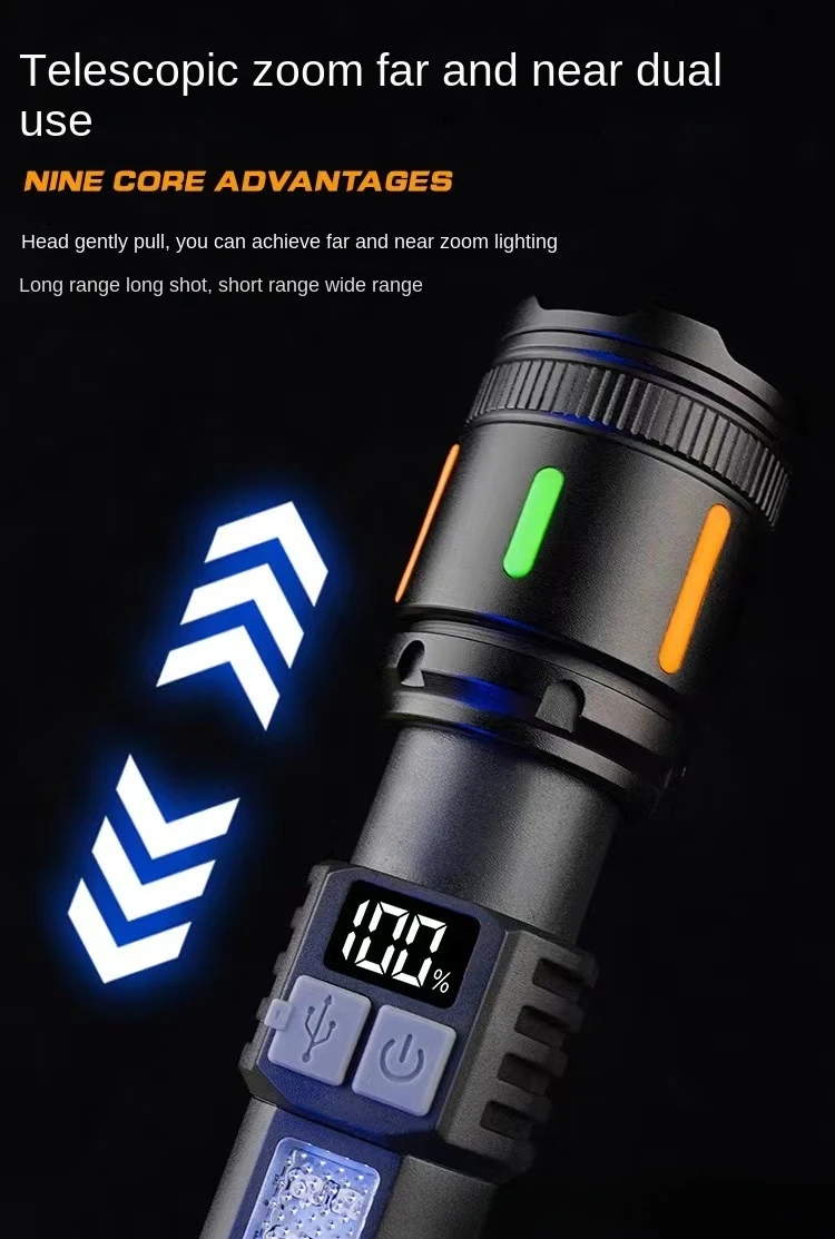 Rechargeable led flashlight with COB Side light White Laser Flashlight Waterproof Zoom Power Display Tactical Torch for Camping