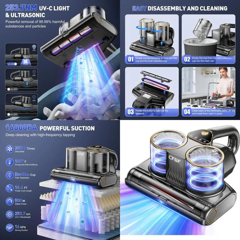 

Powerful 500W Handheld Bed Vacuum Cleaner with UV-C Light, Ultrasonic, and High Heating for Sofa, Couch, and Crib, 16.4FT Corded