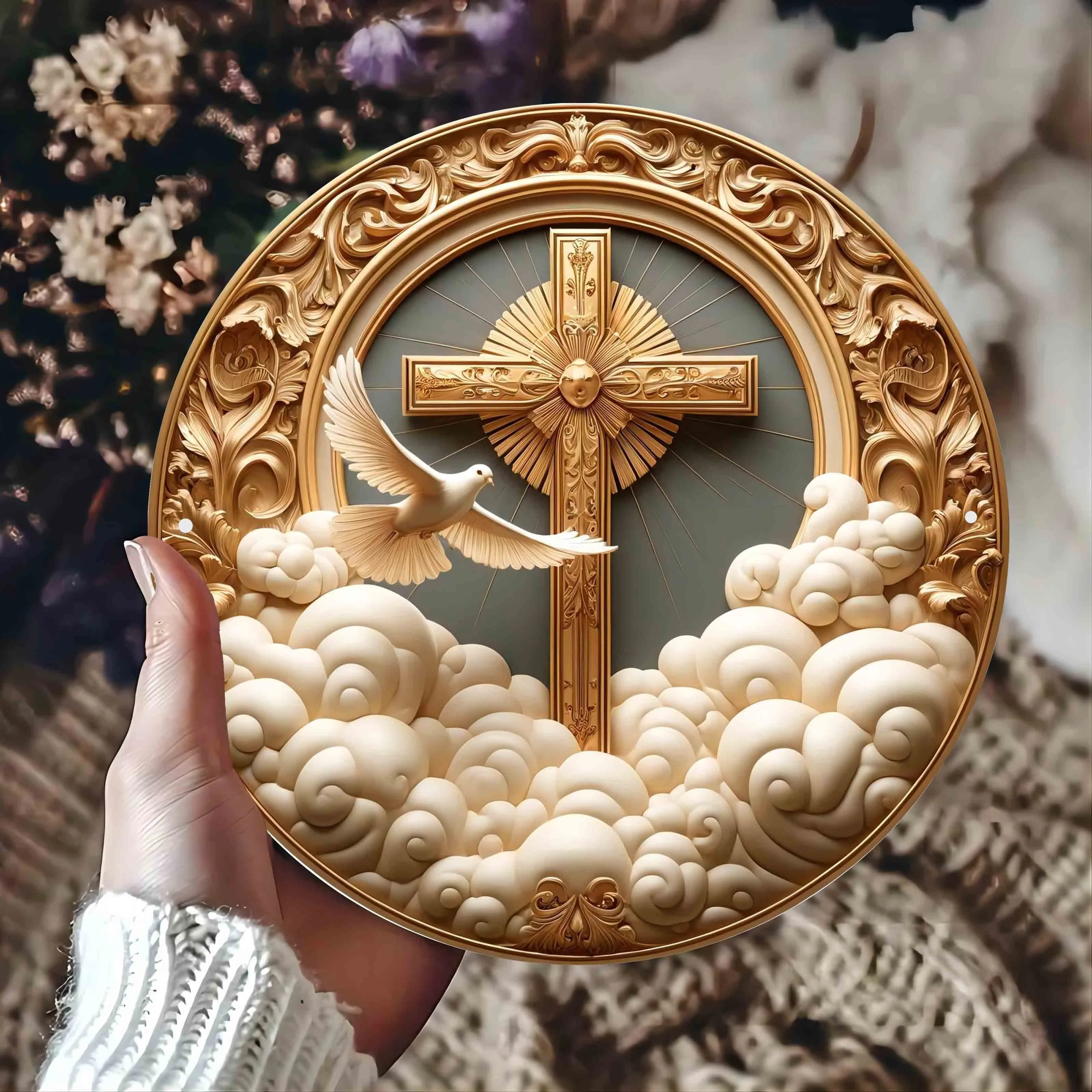 Golden Cross & White Dove Holy Round Aluminum Wall Art - Durable, Easy-To-Clean Decor For Home, Bedroom, Living Room