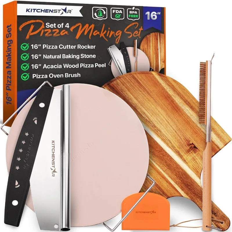 

16" Pizza Making Kit (Set of 4 Tools) - Pizza Stone with SS Rack, Acacia Wood Pizza Peel, Stainless Steel