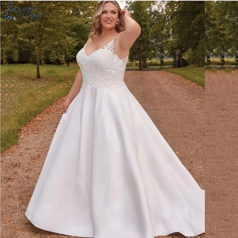 ZJ6090 فستان زفاف مثير متواضع مقاس كبير كلاسيكي على شكل حرف a أشرطة سباغيتي مطرز بالخرز فستان العروس أنيق على شكل حرف v من الساتان