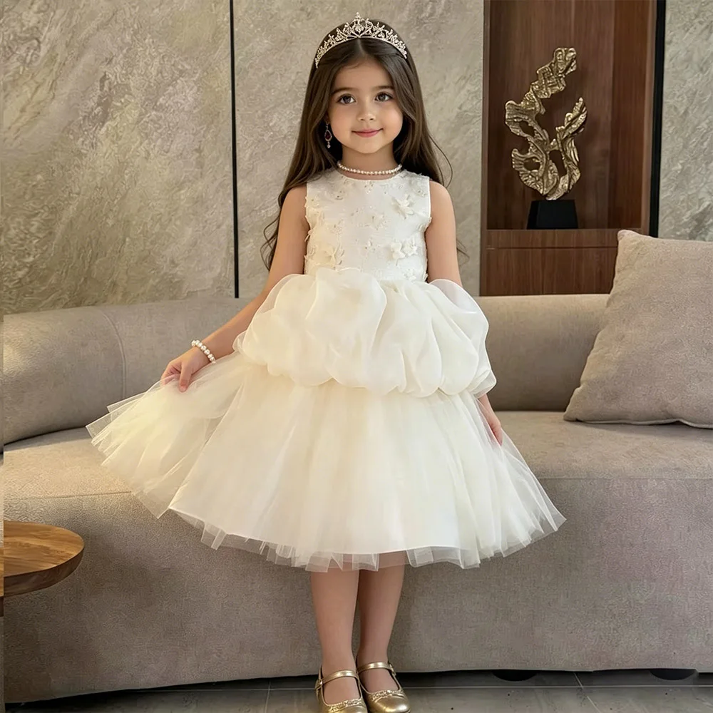 

Champagne Princess Dress Puffy Flower Girl Dresses Lace Dress For Girls Sleeveless Birthday Dress Knee-Length Cute Kids' Dresses