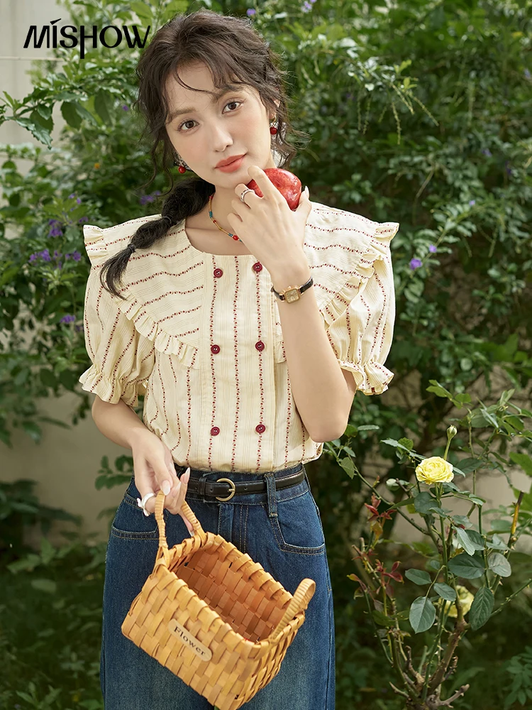 

MISHOW 100% Cotton Retro Embroidered Striped Short Sleeved Shirt for Women 2024 Summer Bubble Sleeve Doll Neck Tops MXD28X1475