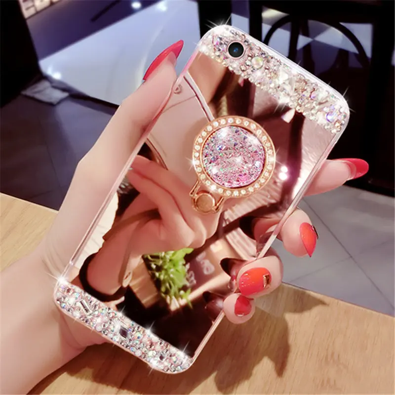 Fancy Diamond Bear Crystal Stone Finger Ring Stand Mirror Phone Case For iphone 15 Por 13 14 12 11 Pro Max X XS Max XR 7 8 Plus