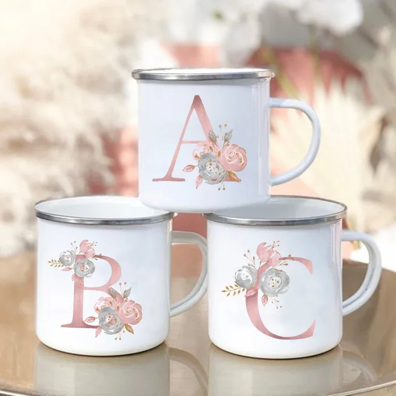 Pink Letter Flower Printed Cups Bridal Shower Bachelorette Party Wine  Mugs Coffee Enamel Mug Handle Drinkware Bridesmaid Gifts