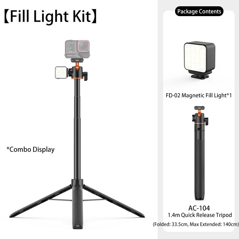 VRIG AC-104 magnetische selfie-stick met snelkoppelingsmechanisme, 1,4 m, uitschuifbaar, 360 graden draaibaar, geschikt voor Insta360 X6/X5 Ace Pro 2 actiecamera.