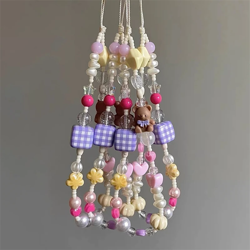 Korean Cute 3D Bear Flower Heart Beaded Phone Chain Charm Lanyard For iPhone 15 14 Samsung Universal Accessories Jewelry Pendant