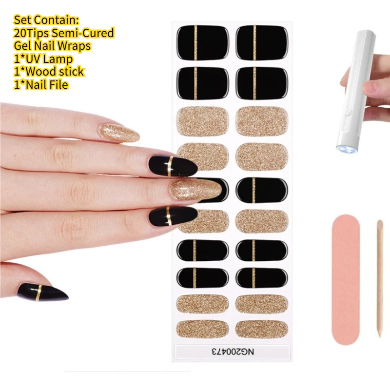 

20Tips NG Semi Cured UV Gel Nail Strip with Nail Lamp Sparkly Shinning Polish Gel Nail Stickers Manicure Kits