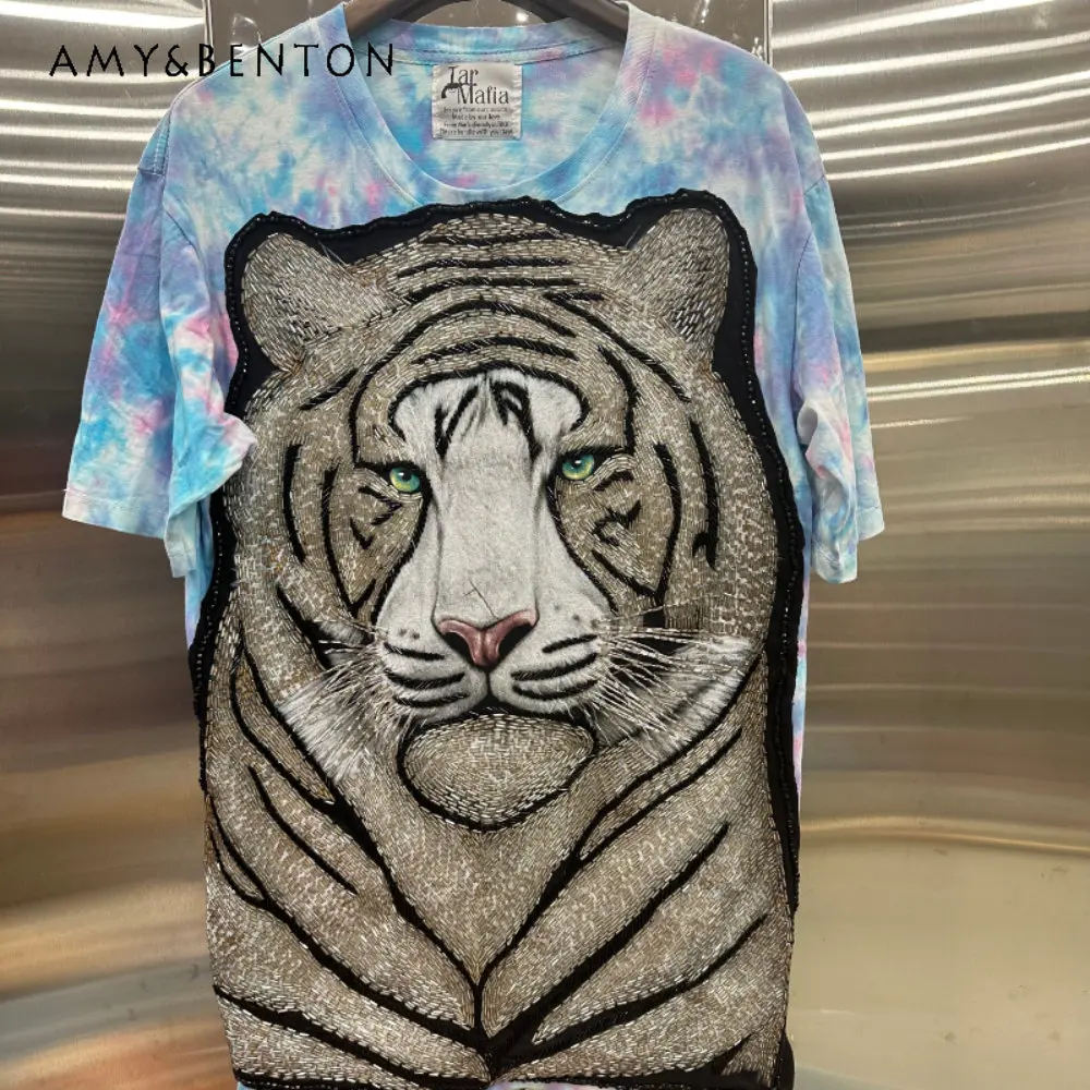 

2023 Summer Thailand Pullovers Heavy Industry Handmade Beaded Tiger Cartoon Contrast Color Tie-Dyed Loose Cotton T-shirt Women