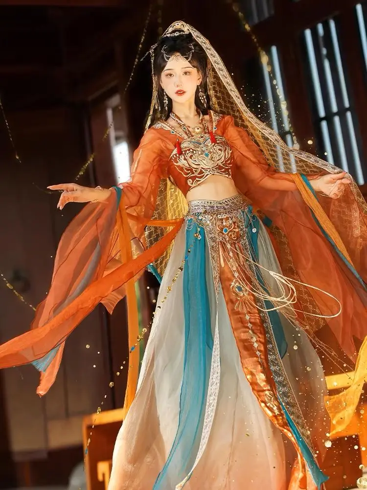 Chinese Style Retro Hanfu Dunhuang Embroidery Girl's Casual Performance Costume