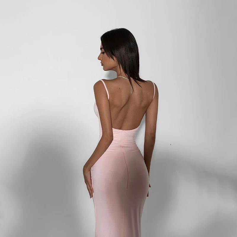 Women Summer New 2024 Dresses Sexy Pink Backless Slim Sling Dress Clubwear Elegant Fashion Knitted Maxi Dress O-Neck Sleeveless