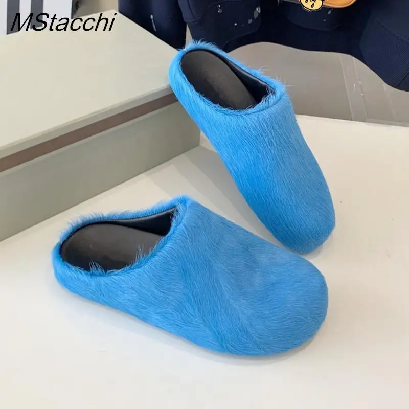 Real Leather Fur Women Horsehair Half Slippers Luxury Designer Brand Mule Runway Flats Thick Sole Leisure Unisex Man Shoes 2024