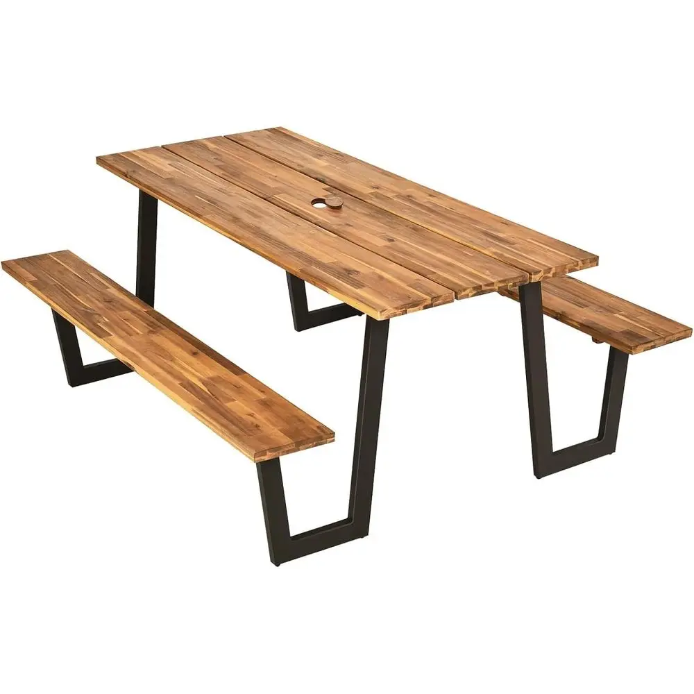 Acacia Wood 70x30 Picnic Table for 6-8, Umbrella Hole, 1600 lbs Load, Outdoor Patio Furniture