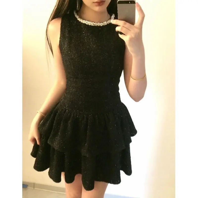 2024 Summer New Style Small Black Dress High-end Birthday Sleeveless Sparkling Dress Temperament Vest Slimming and Fluffy Skirt