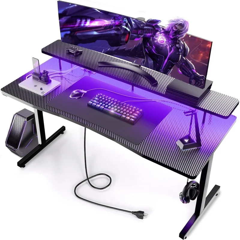 55 Inch Gaming Desk with LED Lights, Computer Gamer Desk with Monitor Stand, Ergonomic Carbon Fiber Surface Gaming