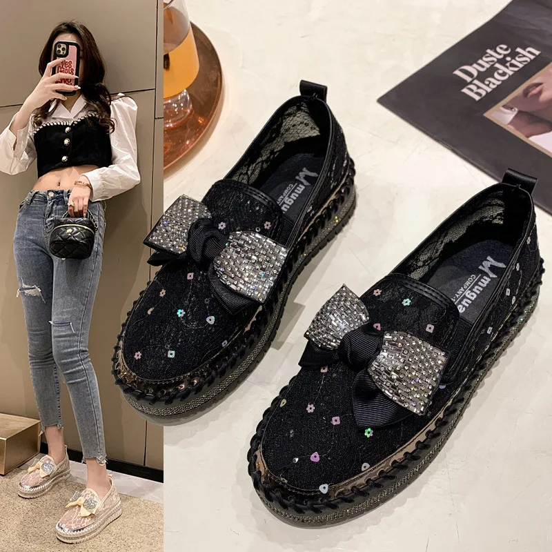 Women\'s Sandals 2024 Summer New Chunky Bottom Soft Hollo Out Mesh Flat Shoes Rhinestone Bow Breathable Sneakers Zapatillas Mujer