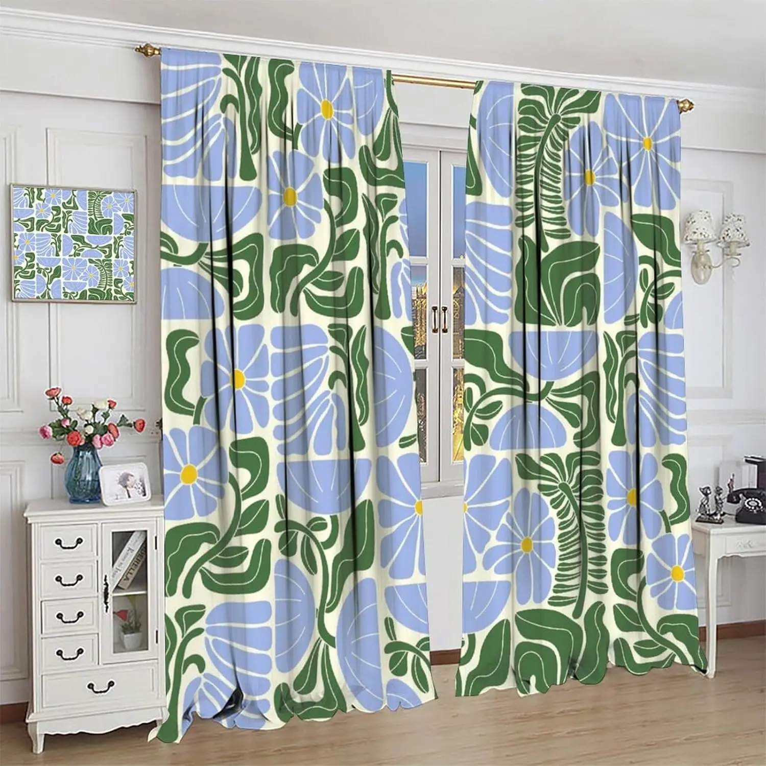 Abstract Floral Curtain Retro Geometric Boho Vintage Matisse Botanical Green Blue Flower Curtain for Cute 70s Mid Century Window