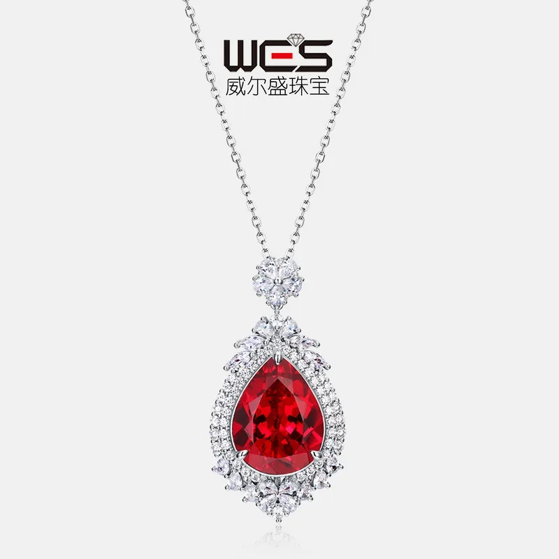 18K Gold Inlaid with Colored Baby Stones PT950 Platinum Necklace Emerald Red and Blue Corundum Pendant for Women