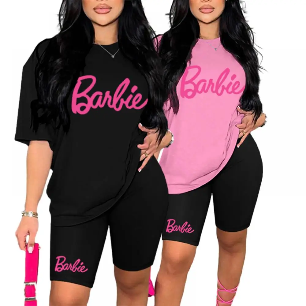 

New Fashion Barbie Girl 2Pcs Short Sleeve Shorts Suit Summer Anime Ladies Oversized Casual Sports T-Shirts Breathable Sportswear