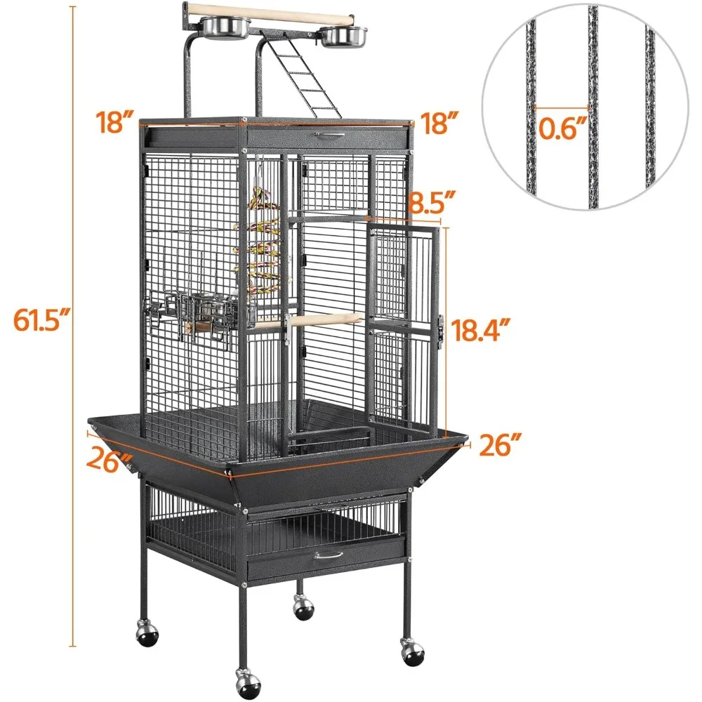 61-inch Playtop Wrought Iron Large Parrot Bird Cages with Rolling Stand for Cockatiels Amazon Parrot