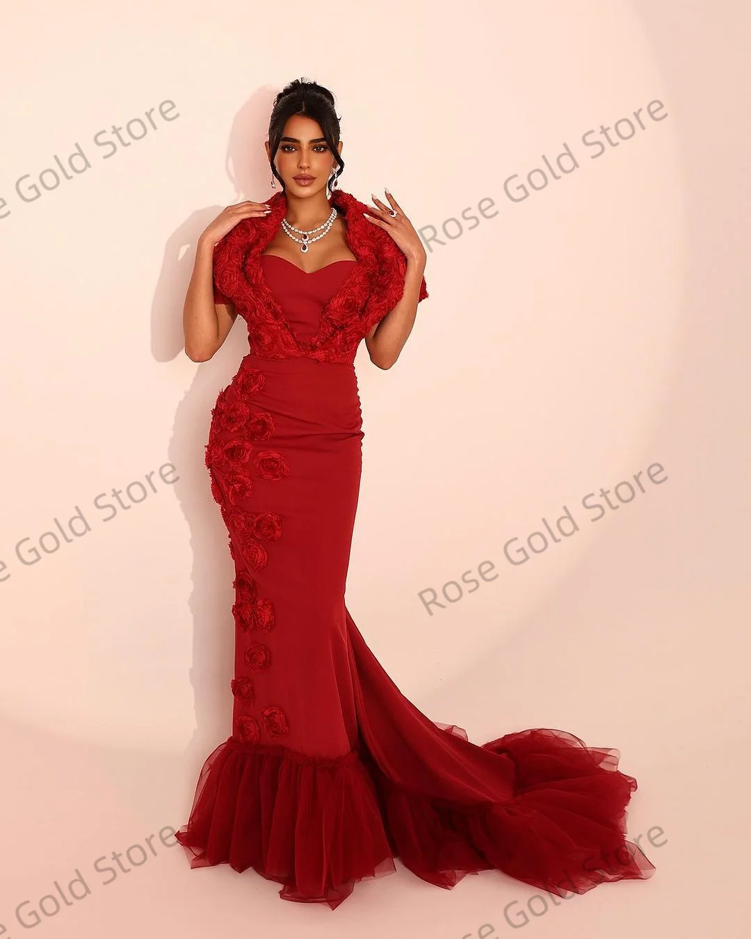 Elegante rode zeemeermin galajurk voor dames halter lange vestidos de fiesta met kanten bloemen formele feestjurken op maat